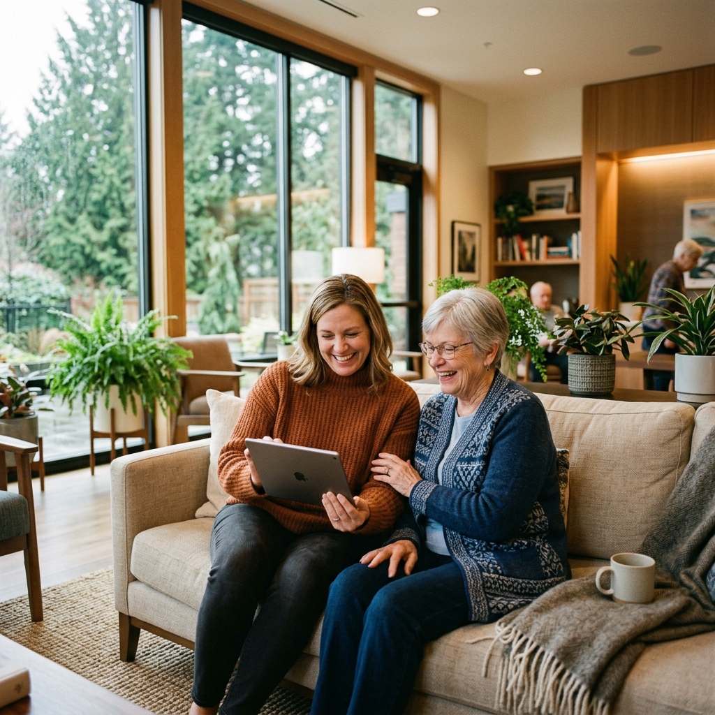 Family member visiting their loved one in a bright community common room