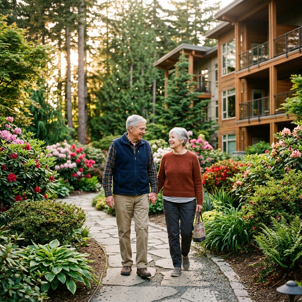 Senior couple walking through a garden at a care community