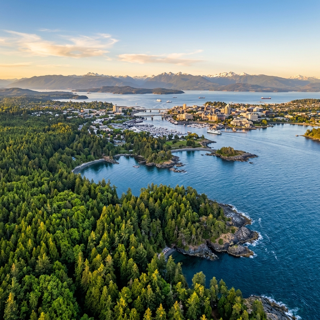 Aerial view of Vancouver Island showing the diverse communities across the region
